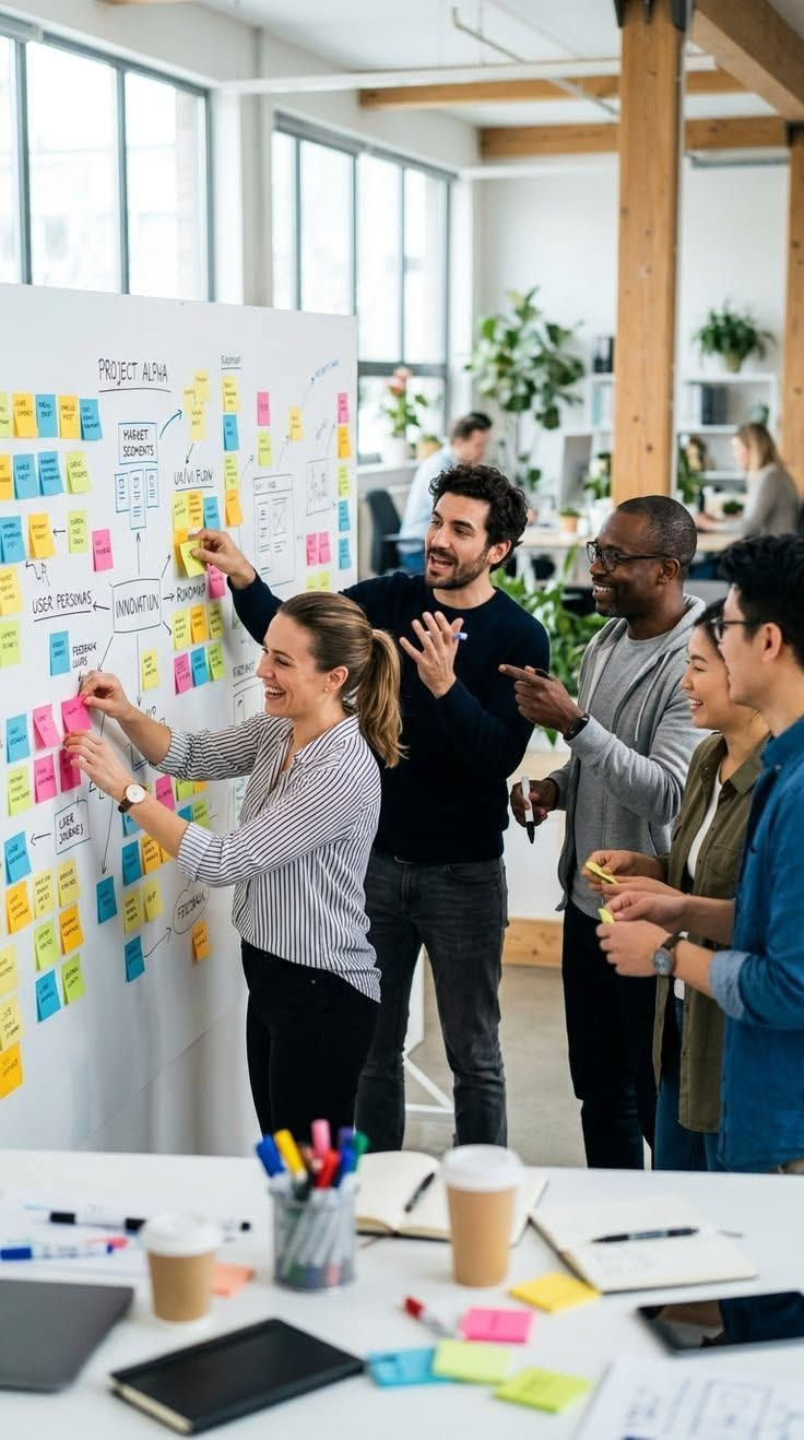 Equipe trabalhando com post-its em um quadro durante um hackathon