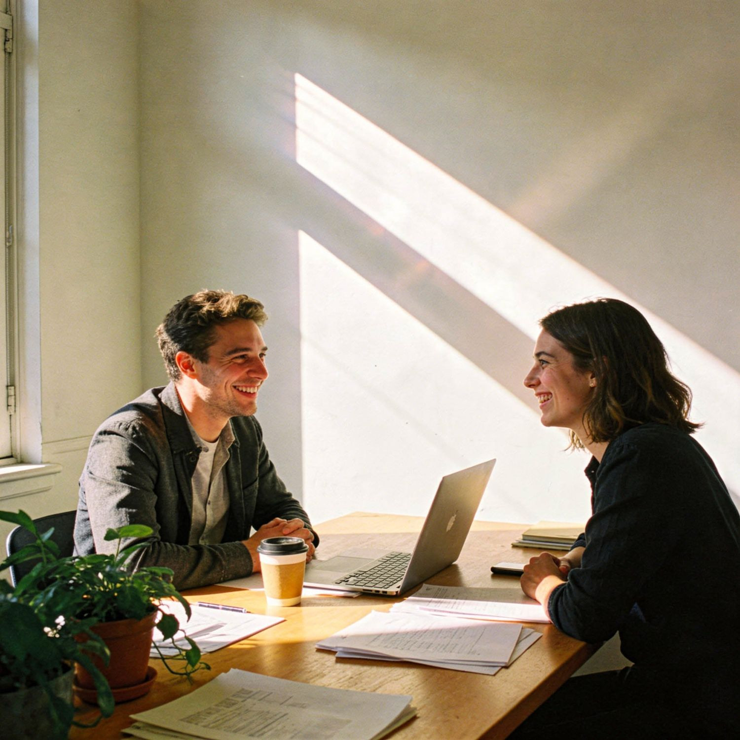 Dois profissionais conversando sorrindo em uma mesa de trabalho