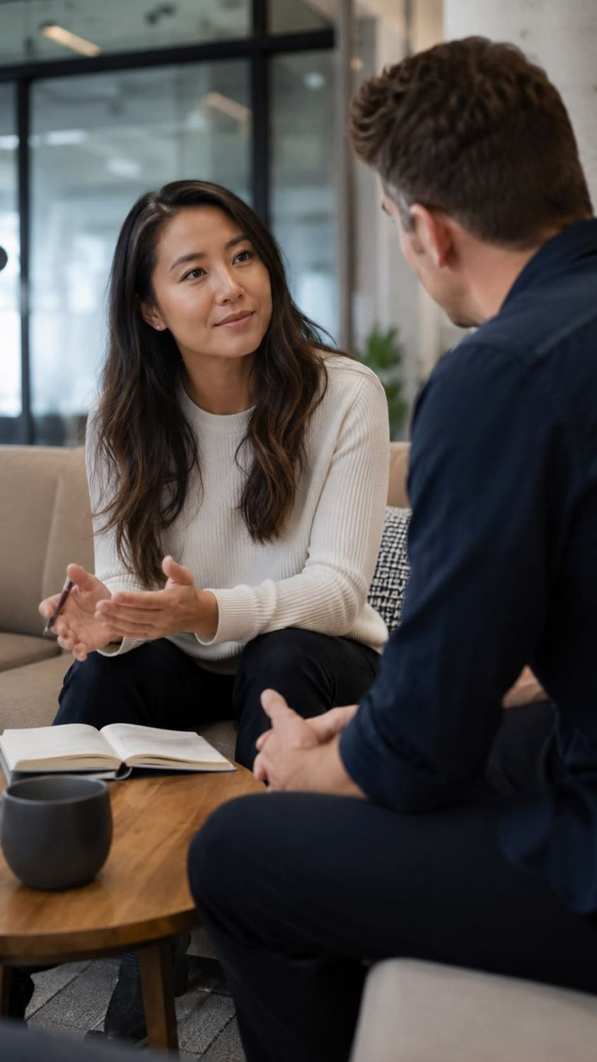 Profissional conversando com um colega durante uma reunião